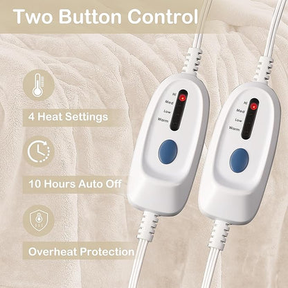 Electric Heated Blanket Queen Size 84"x90", Dual Control Fast Heating Cozy Heated Blanket for Bed, 10 Hours Auto Off & 4 Heating Levels, Warm Gift for Grandma-White