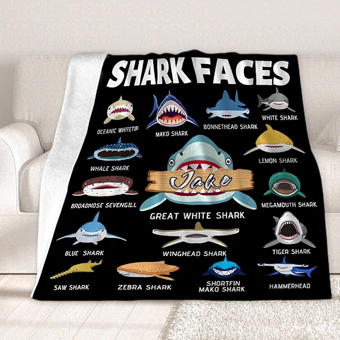 Custom Shark Faces Blankets Gifts for Birthday Son Daughter Brother Friends On Bed Sofa,Personalized Premium Flannel Blankets for Christmas Thanksgiving, All Season Use 50''x 60'' -M