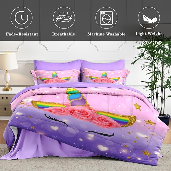 Queen Size Comforter Set with 2 Pillowcases & 2 Shams, Cute Cartoon Unicorn 7 Pcs Bedding for Kids and Teens, Rainbow Horse Flowers Bed in a Bag with Flat Fitted Sheet