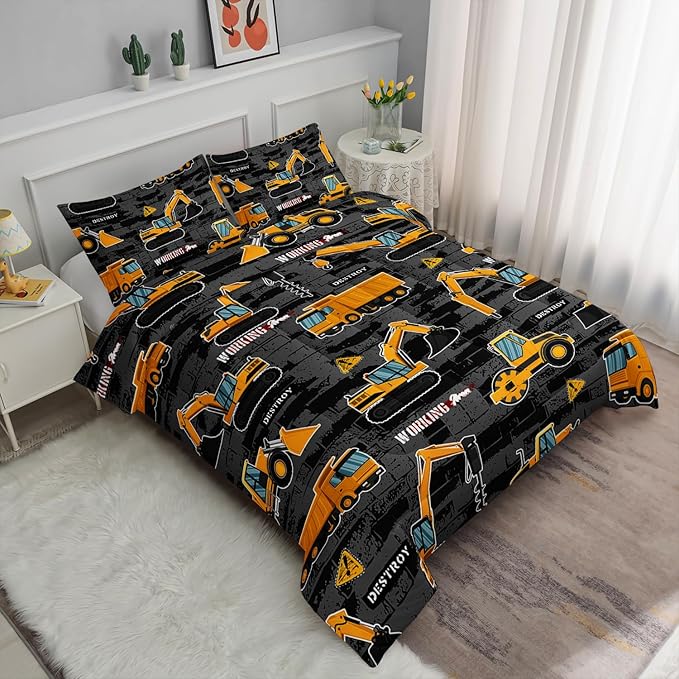 Truck Comforter Set Crane Excavator Engineering Vehicle Printed Bedding Set with 1 Comforter and 2 Pillowcases for Boys and Girls Bedroom All Season(Truck Full)