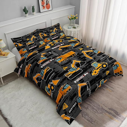 Truck Comforter Set Crane Excavator Engineering Vehicle Printed Bedding Set with 1 Comforter and 2 Pillowcases for Boys and Girls Bedroom All Season(Truck Queen)