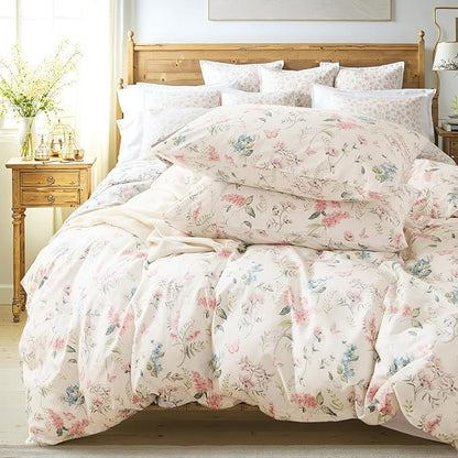 Duvet Cover King Size - 100% Nature Cotton Pink Floral Duvet Cover with Zipper Closure & Corner Ties,3pcs Soft & Breathable Pink Bedding Set with 2 Pillowcases 20"x36"