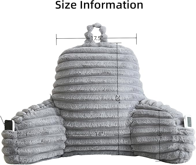 Faux Fur Fluffy Gray Reading Pillow with Pockets, Luxury Striped Plush Decorative, Arm Rests and Back Support for Bed Rest, Lounging on Sofa, Extra Large Size for Adult.