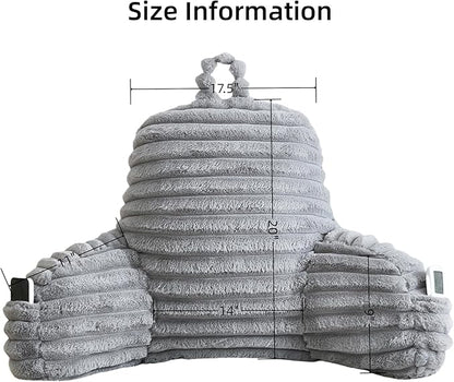 Faux Fur Fluffy Gray Reading Pillow with Pockets, Luxury Striped Plush Decorative, Arm Rests and Back Support for Bed Rest, Lounging on Sofa, Extra Large Size for Adult.