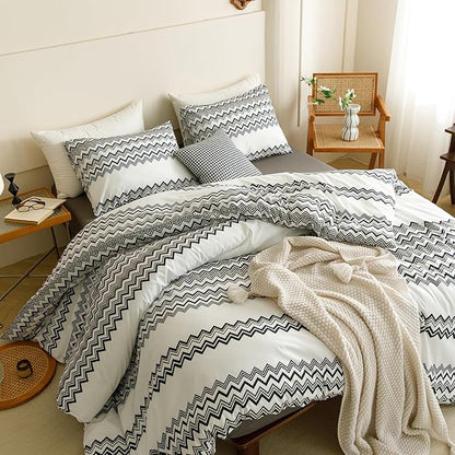 Wellboo Boho Black Striped Comforter Set Full Aztec Southwest Bedding Set Women Men Bohemian White Black Geometric Quilt Farmhouse Striped Aztec Folkloric Blankets White and Black Wavy Art Comforters