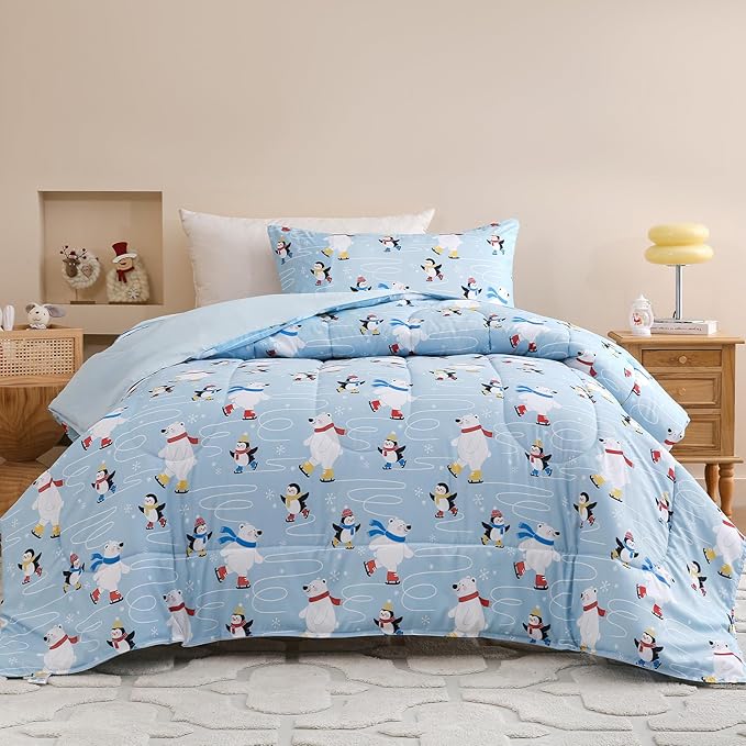 Twin Comforter Set for Kids, Boys, Girls, 4 Pieces Bed-in-a-Bag Bedding Set, All Season Ultra Soft Sheets Set with Comforter, Penguin Skiing