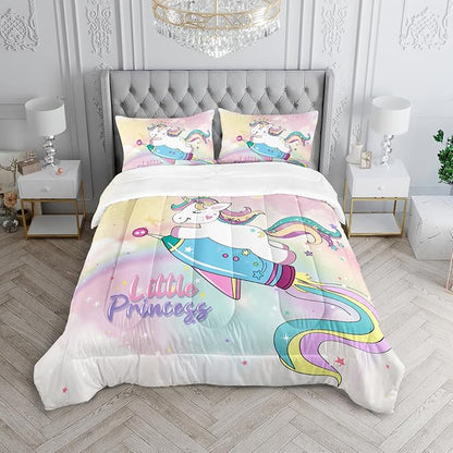 Kid Unicorn Comforter Set Full Size Space Rocket Rainbow Star Dot Pattern Quilt Bedding Set for Boys Girls with 1 Comforter and 2 Pillowcases