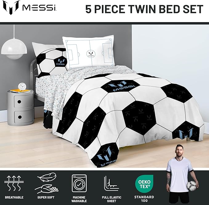 Jay Franco Kids Comforter Set Includes Sheets and Pillow Cover - Soft and Cozy Bed Set for Stylish Room Décor, White - Lionel Messi, 5 Piece Twin