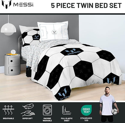 Jay Franco Kids Comforter Set Includes Sheets and Pillow Cover - Soft and Cozy Bed Set for Stylish Room Décor, White - Lionel Messi, 5 Piece Twin