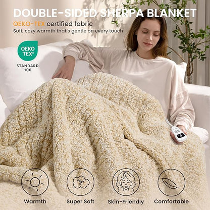 Heated Blanket Electric Blanket Full - Fast Heating Blanket Throw Double Sided Sherpa Ultra Soft Cozy with 10 Heating Levels & 2-10 Hours Auto Off, Mashine Washable, 72 x 84 Inches, Camel