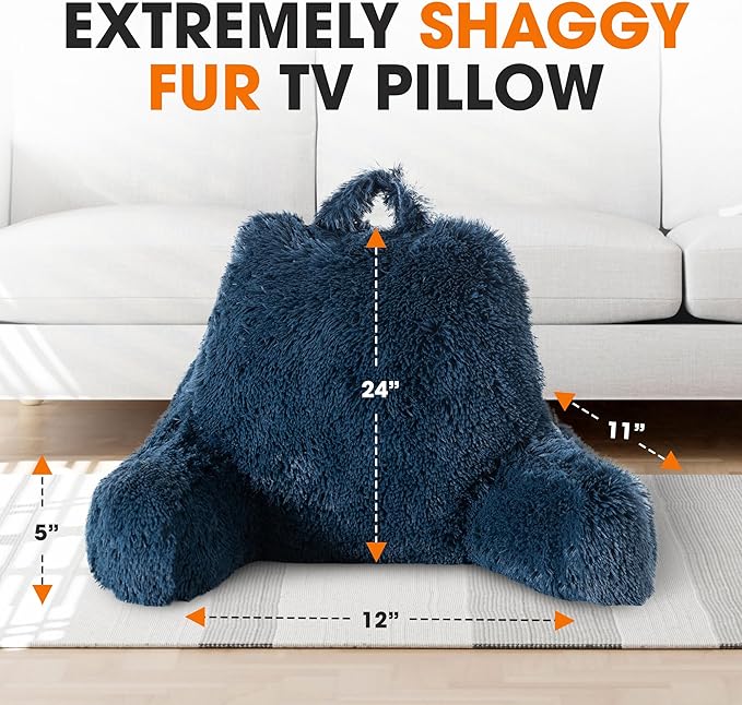Cheer Collection Fluffy Reading Pillow Chair - Shaggy Hair Chair Pillow with Arms for Bed & Couch, Navy Blue
