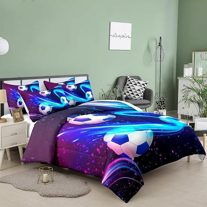 Peopleareok Soccer Comforter Set Queen (90x90 Inch), Purple Blue Soccer Theme Comforter, Sports Football Comforter, 3 Pieces Soft Microfiber Football Bedding Set for Boys Kids with 2 Pillowcases