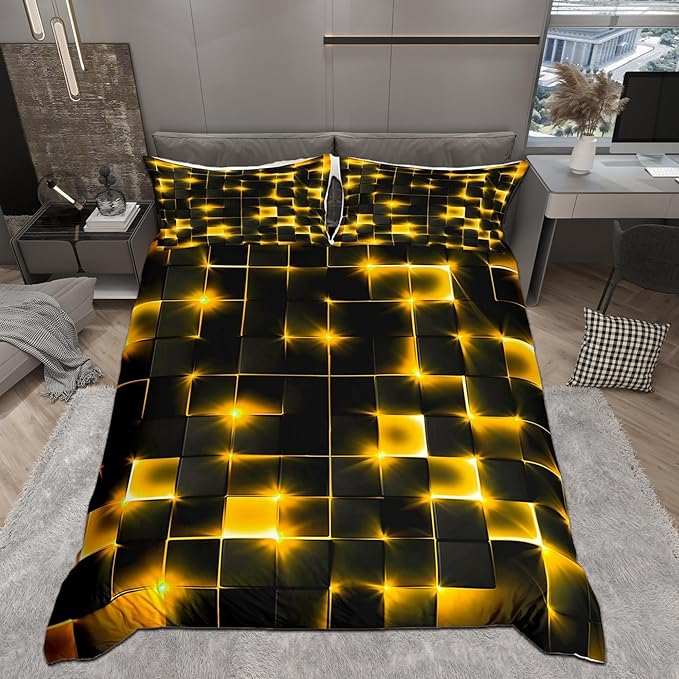 Castle Fairy Duvet Cover Queen Size,3D Modern Abstract Square Grid Duvet Cover Set for Children Adult,Golden Neon Light Geometric Print Soft Comforter Cover for Dorm Room, Zipper, Ties