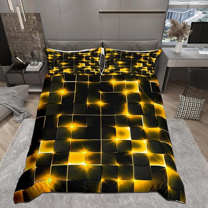 Castle Fairy Duvet Cover Queen Size,3D Modern Abstract Square Grid Duvet Cover Set for Children Adult,Golden Neon Light Geometric Print Soft Comforter Cover for Dorm Room, Zipper, Ties