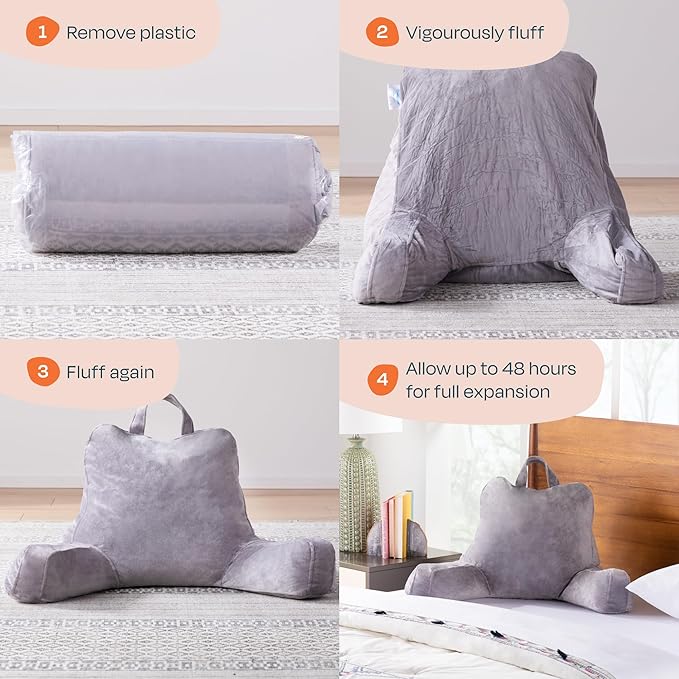 Linenspa Reading Pillow with Shredded Memory Foam- X-Large Size - Back Pillow for Sitting in Bed, Reading, Gaming, Watching TV – Bed Chair with Arms, Dorm Room Essentials, Stone