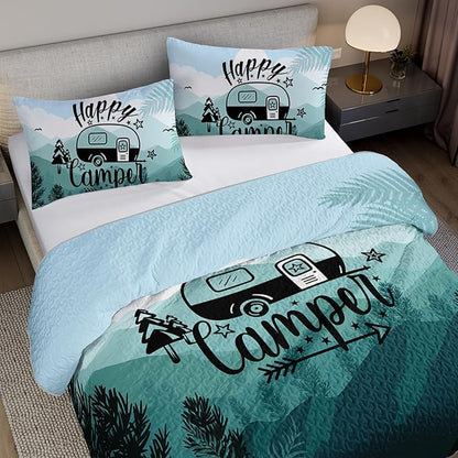 QOOMO Camping Quilt Set Full/Queen Size,Camping Bedspread Coverlet Set,3Pcs Bedding Set Printed Quilt with 2 Pillowcases,Soft and Lightweight,for All Seasons