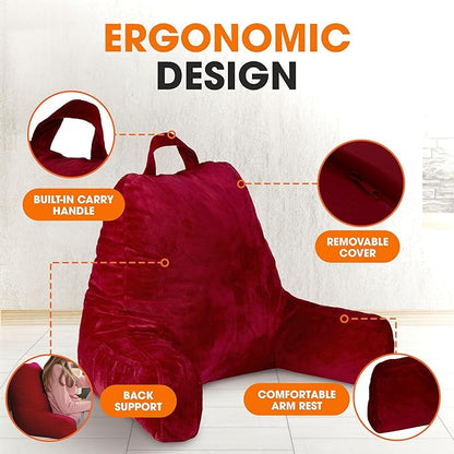 Cheer Collection Reading Pillow with Arms – Portable Bed Pillow for Sitting Up & Support, Hollow Fiber-Filled Back Rest Pillow for Sitting in Bed & Couch, Machine Washable, Maroon