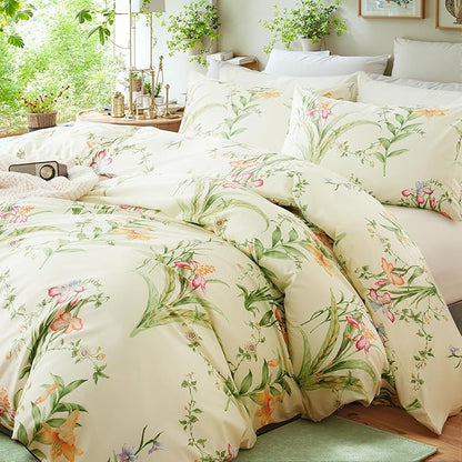 Duvet Cover Queen Size 100% Cotton Reversible Green Leaves Duvet Cover Set with Zipper Closure, 3 Pieces Vintage Flower Floral Bedding Comforter Cover, Ultra Soft & Breathable