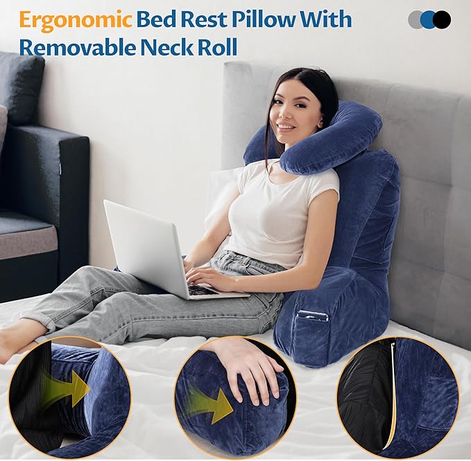 Rengue 31" Large Ergonomic Bed Rest Pillow, Reading Pillow with Arms Detachable Neck Roll Reading Pillow with Pockets for Sitting in Bed Couch (Blue)