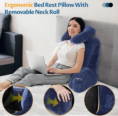 Rengue 31" Large Ergonomic Bed Rest Pillow, Reading Pillow with Arms Detachable Neck Roll Reading Pillow with Pockets for Sitting in Bed Couch (Blue)