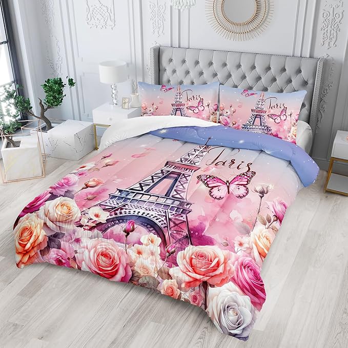 Paris Eiffel Tower Comforter 3Pcs Butterfly Bedding Full Tie-Dyed Rose Star Bedding Set for Kid Teen Girl Boy Adult Bed Decor Colorful Flora Quilt with 1 Comforter and 2 Pillowcases