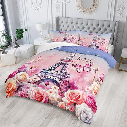 Paris Eiffel Tower Comforter 3Pcs Butterfly Bedding Twin Tie-Dyed Rose Star Bedding Set for Kid Teen Girl Boy Adult Bed Decor Colorful Flora Quilt with 1 Comforter and 2 Pillowcases