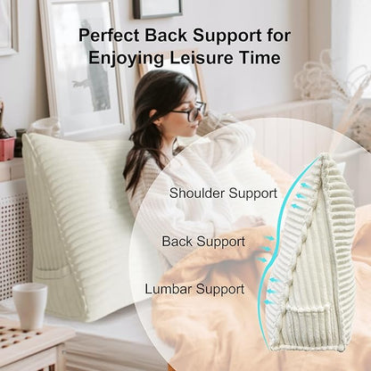 Wedge Headboard Pillow Dorm Room Reading Pillow Back Support for Sitting Up in Bed Bolster Lumbar Cushion Body Positioning Bedrest Corduroy (White, Twin (39 * 8 * 20in))