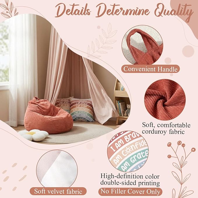 5 Piece Reading Nook Set for Kids, Kids Reading Corner Decor Bundle with Bean Bag Chair Cover & Throw Pillow Covers, Bed Canopy and Flower Pillow for Bedroom Playroom, Nursery, Indoor Decor