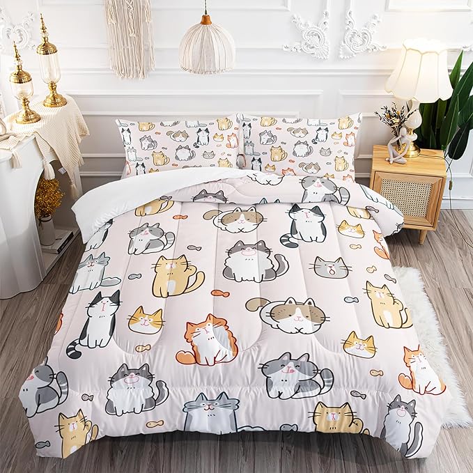 Kids Cute Cat Comforter Set Queen Size 3Pcs Cartoon Pet Cat Fishing Bedding Set Lovely Animal Quilt Bed Set for Children Girls Boys Room Decor