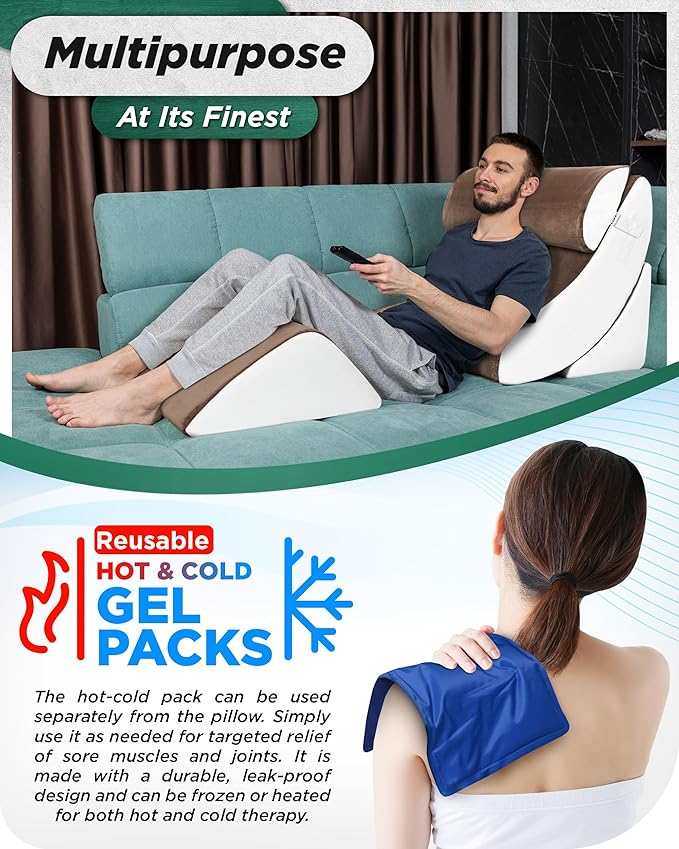 Lunix 4pcs Orthopedic Bed Wedge Pillow Set, Post Surgery Memory Foam for Back, Knee, Leg Pain Relief, Adjustable Sitting Pillow for Sleeping, Acid Reflux, GERD, with Hot Cold Pack, Brown/White