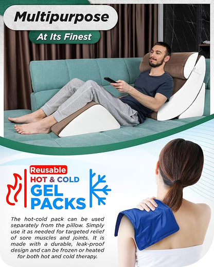 Lunix 4pcs Orthopedic Bed Wedge Pillow Set, Post Surgery Memory Foam for Back, Knee, Leg Pain Relief, Adjustable Sitting Pillow for Sleeping, Acid Reflux, GERD, with Hot Cold Pack, Brown/White
