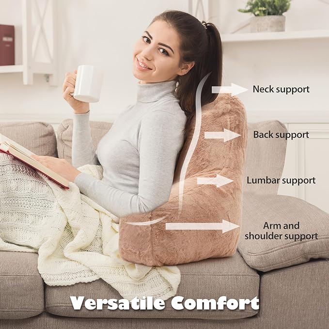 Reading Pillow for Sitting in Bed Adult, Standard Reading Pillow with Memory Foam, Back Pillow for Bed Sitting Up with Extend Arms, Camel