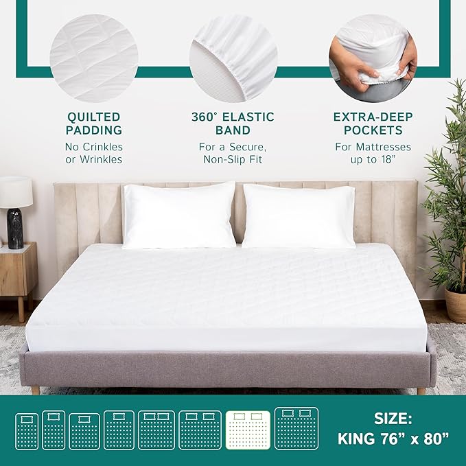 King Size Quilted Mattress Pad - Fitted Waterproof Mattress Protector, Pillow Top Mattress Topper, Premium Quality Hypoallergenic Mattress Cover
