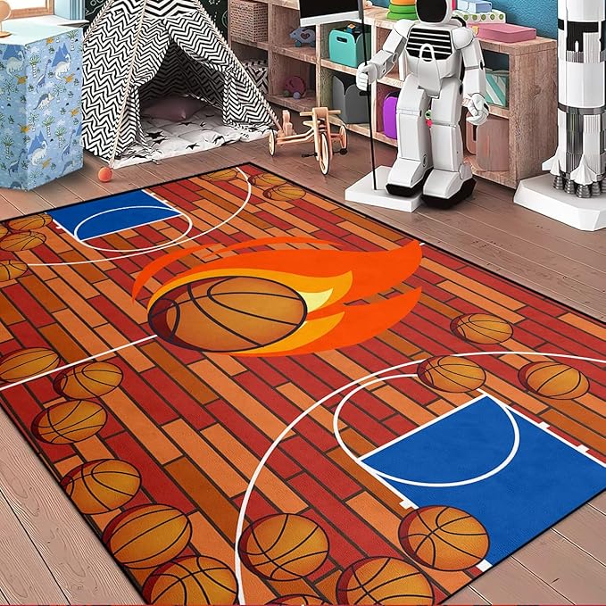 Basketball Court Rug - Basketball Rug for Boys Bedroom, Sports Decor for Boys Bedroom Kids Carpet, Sports Themed Carpets for Playroom Living Room Floor Mat or Door mat, 3x5 Feet