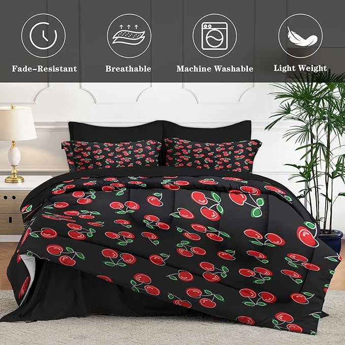 Nesker 7 Pcs Comforter Set Queen Size, Red and Black Bedding for Kids Teen, Cherry Fruit Bed Sheet with Pillowcase & Sham