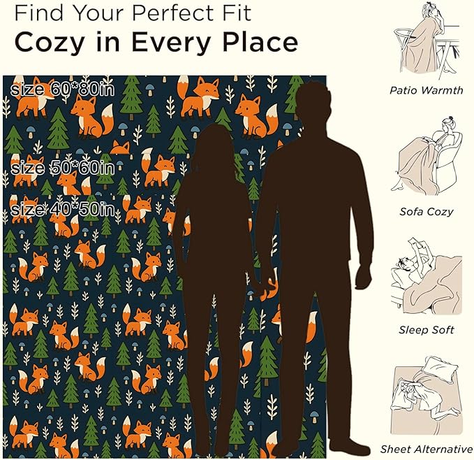 Fox Blanket Gifts for Boys Girls Kids, Cute Woodland Animal Warm Soft Flannel Throw Blankets for Travel, Sofa, Living Room, Bedroom Decor, 40x50 in