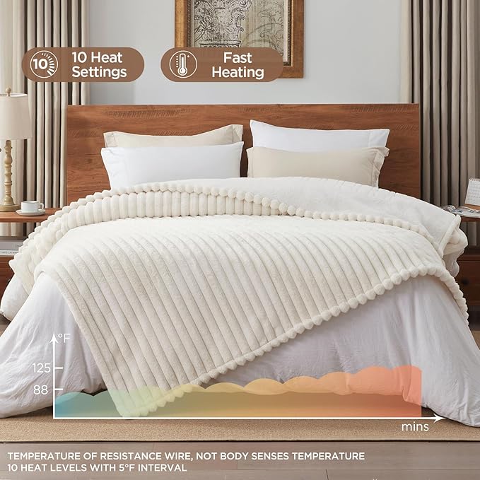 Westinghouse Electric Blanket Twin Size, Super Cozy Luxury Faux Fur & Sherpa Heated Blanket with 10 Heating Levels & 1-12 Hours Auto Off, Fast Heating Blanket, Machine Washable, 62x 84 Inch, Beige