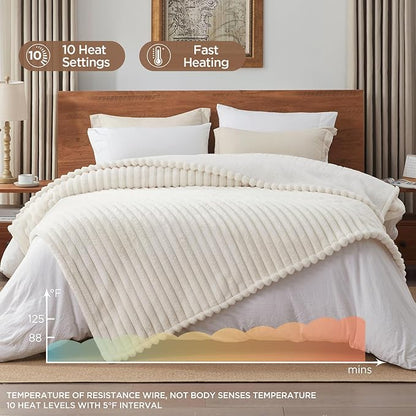 Westinghouse Electric Blanket Full Size, Super Cozy Luxury Faux Fur & Sherpa Heated Blanket with 10 Heating Levels & 1-12 Hours Auto Off, Fast Heating Blanket, Machine Washable, 80x 84 Inch, Beige