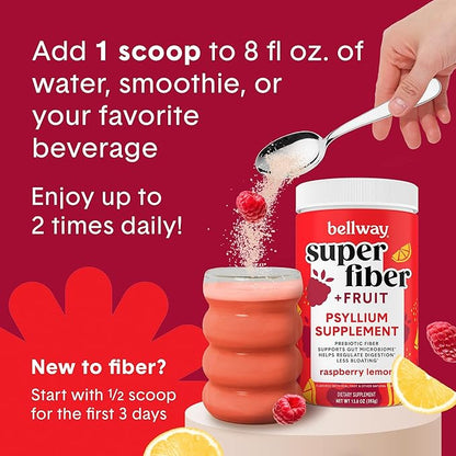 Bellway Super Fiber Powder + Fruit, Sugar Free Organic Psyllium Husk Powder Fiber Supplement for Regularity, Bloating Relief & Digestive Health, Plant-Based, Raspberry Lemon (50 Servings)