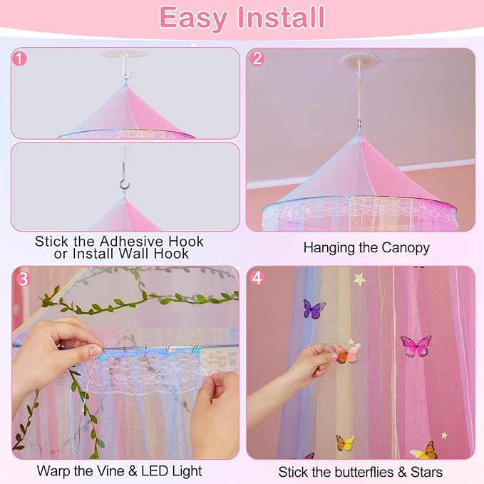 FIOBEE Bed Canopy for Girls Room Bed Canopy Curtains with Led Lights Mosquito Net DIY Princess Room Décor with Stars Butterflies for Kids Bedroom, Multi-Color