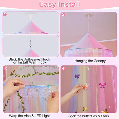 FIOBEE Bed Canopy for Girls Room Bed Canopy Curtains with Led Lights Mosquito Net DIY Princess Room Décor with Stars Butterflies for Kids Bedroom, Multi-Color