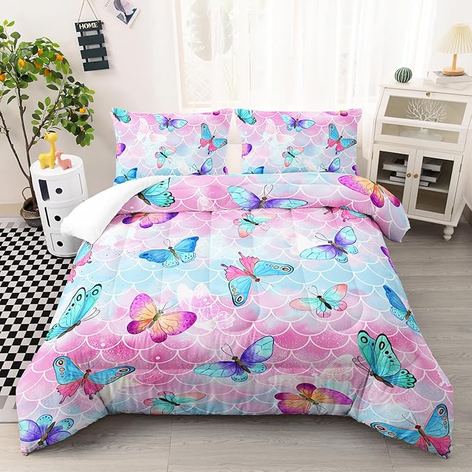 Rainbow Butterfly Comforter Set Twin Size for Girls Kids Adults Mermaid Scales Pattern Bedding Set Aesthetics Butterflies Quilt Bed Set with 1 Comforter and 2 Pillowcases