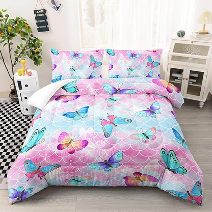 Rainbow Butterfly Comforter Set Twin Size for Girls Kids Adults Mermaid Scales Pattern Bedding Set Aesthetics Butterflies Quilt Bed Set with 1 Comforter and 2 Pillowcases