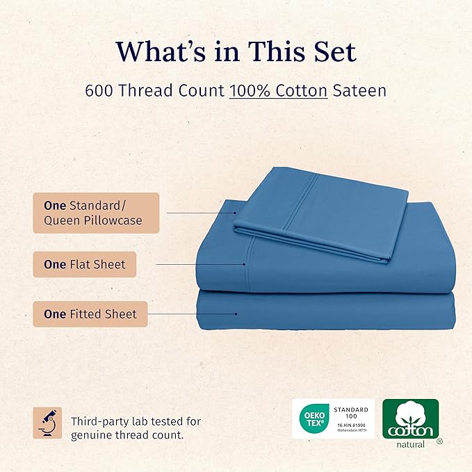 California Design Den Twin Sheet Set - Luxury 600 Thread Count Sateen, Natural 100% Cotton Sheets, Fully Elasticized Deep Pockets, Crisp, Cool and Durable Hotel Quality Bedding - Parisian Blue