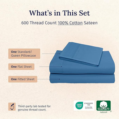 California Design Den Twin Sheet Set - Luxury 600 Thread Count Sateen, Natural 100% Cotton Sheets, Fully Elasticized Deep Pockets, Crisp, Cool and Durable Hotel Quality Bedding - Parisian Blue