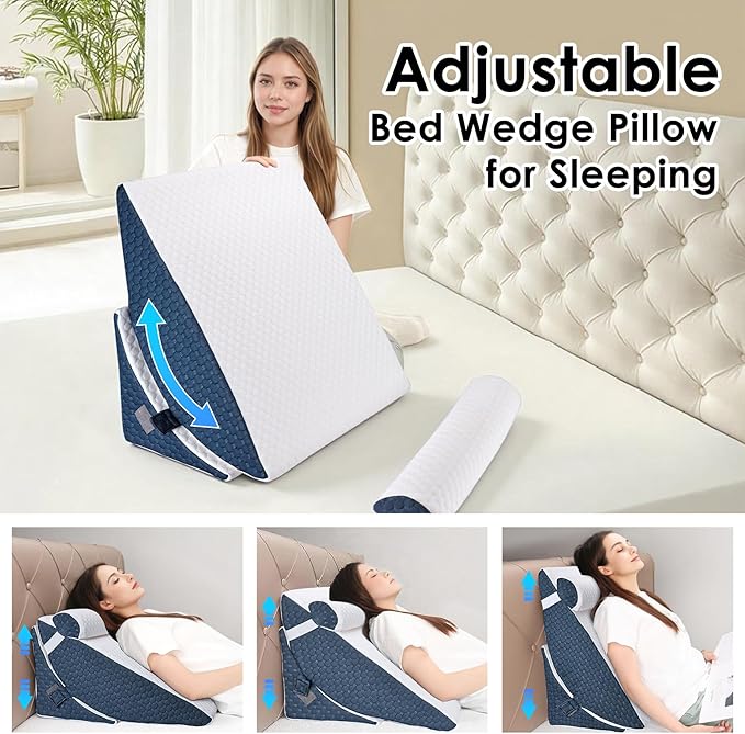 Bed Wedge Pillow for Sleeping, 3PCS Wedge Pillow Set for After Surgery, Adjustable 7 &12 inch Pillow Wedges for Acid Reflux Relief, Back Pain Relief, Sleep Apnea, Sitting Up, Headboard (Blue/White)
