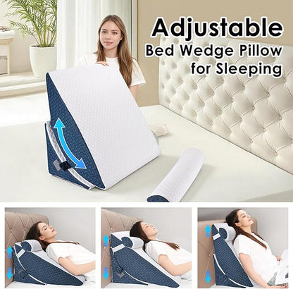 Bed Wedge Pillow for Sleeping, 3PCS Wedge Pillow Set for After Surgery, Adjustable 7 &12 inch Pillow Wedges for Acid Reflux Relief, Back Pain Relief, Sleep Apnea, Sitting Up, Headboard (Blue/White)