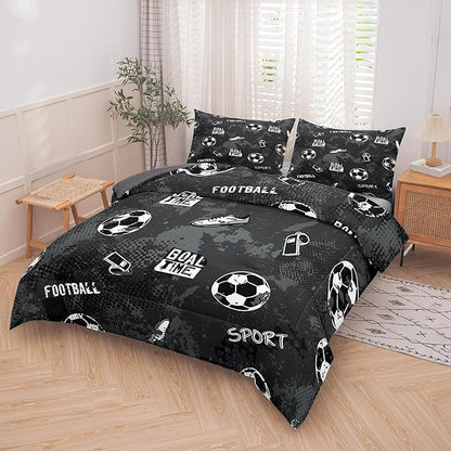 Peopleareok Soccer Bedding Set Twin (68x86 Inch), Black Soccer Theme Comforter, 2 Pieces Soft Microfiber Football Bedding Set for Boys Kids with 1 Pillowcases