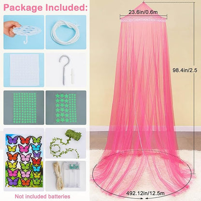 FIOBEE Bed Canopy for Girls Room Bed Canopy Curtains with Led Lights Mosquito Net DIY Princess Room Décor with Stars Butterflies for Kids Bedroom, Red