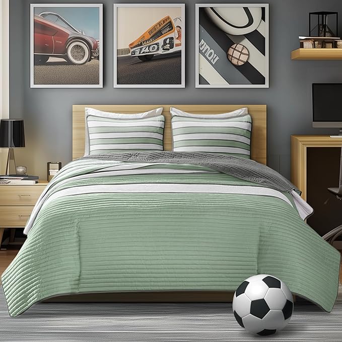 Comfort Spaces Queen Quilt Set Trendy Casual Fun, Vibrant Color Stripes Design, All Season Lightweight Coverlet Bedspread Queen Size Bedding & Shams, Verone, Full/Queen, Sage Green, 3 Piece